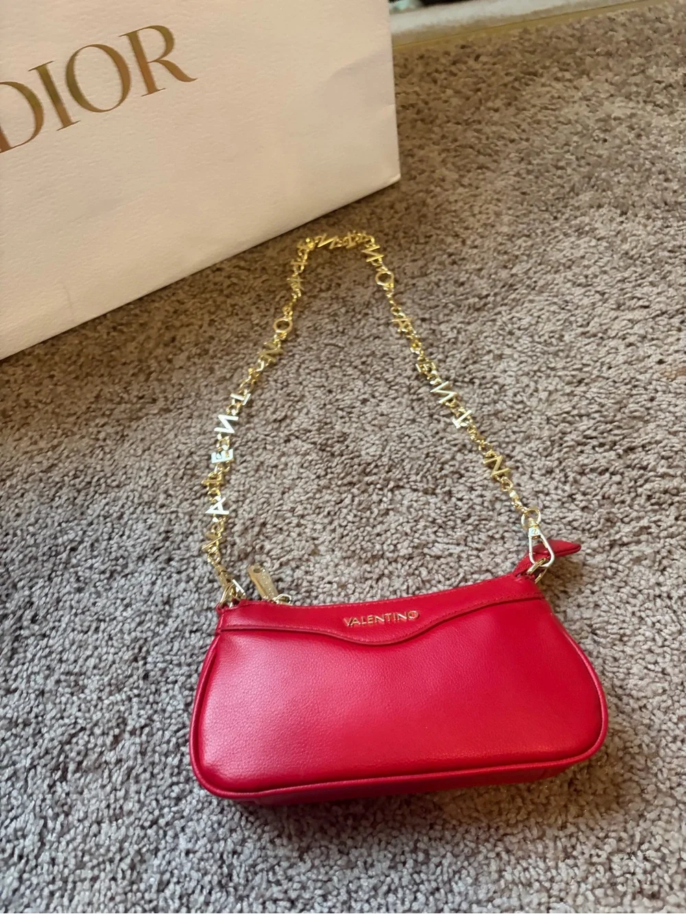 Valentino Red Leather Shoulder Bag with Gold Logo Purchased in Italy